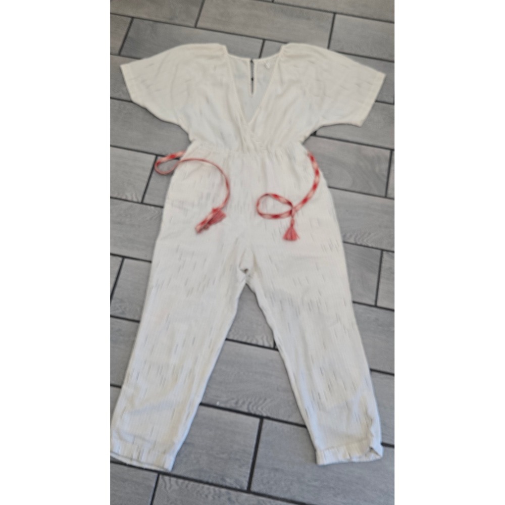 Feather‎ & Bone Anthropologie Jumpsuit Cream Silver Pinstripe Tassel Belt Large